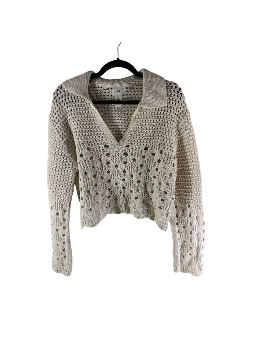 H&M Ivory Knit Cropped Crochet Sweater With V-Neck & Collar Size M 100% Cotton